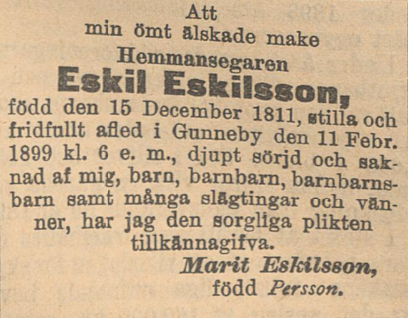 Morfars morfars morfar Eskil Eskilssons (1811-1899) dödsannons i Karlstads-Tidningen, måndag 6 mars 1899.