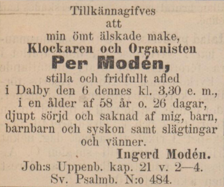 Morfars farmors far Per Modén d.y.:s (1830-1888) dödsannons i Karlstads-Tidningen, onsdag 14 mars 1888.